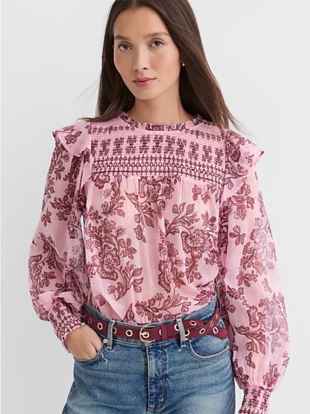 NWT LOFT Shimmer Floral Smocked Ruffle Blouse - Size L